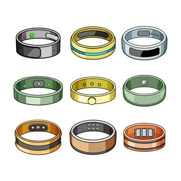 Smart ring collection showing wearable technology devices Stock Illustration