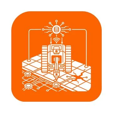 Smart robot analyzing construction grid surface icon in vibrant orange colo.. イラスト素材