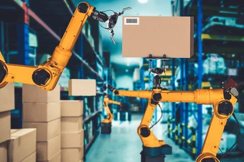 Smart robot arm system for innovative warehouse and factory digital technology Stock Illustration