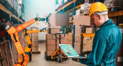 Smart robot arm systems for innovative warehouse and factory digital technology Stock Photos
