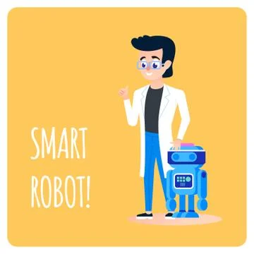 Smart Robot Machine with Human Scientist. Cartoon Illustrazione stock