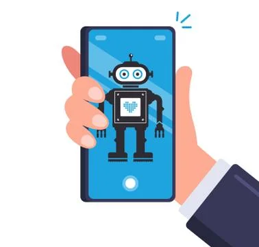 Smart robot in men smartphone. android on a mobile device. Stock Illustration