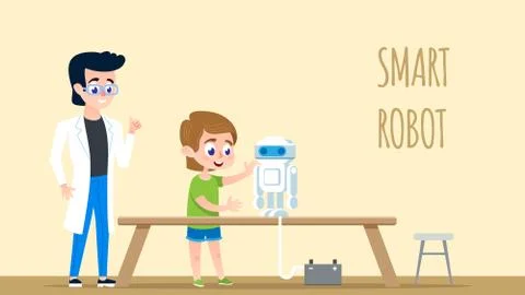 Smart Robot Programming. Young Teacher with Boy Stock Illustration