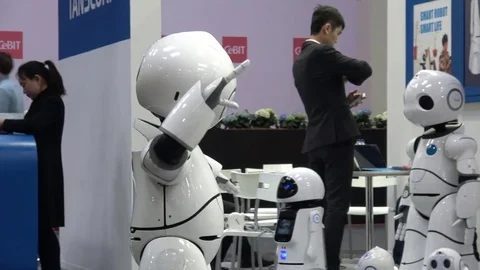 Smart robot UU dancing. Shenzhen Tanscorp technology company on exhibition Cebit Stock Footage 76329190
