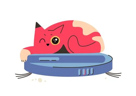 Smart robot vacuum cleaner isolated element. Cat sitting on a working vacuum Illustrazione stock