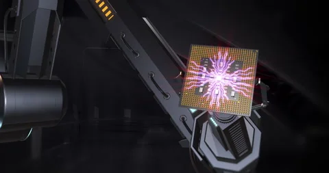 Smart robotic arm holding a computer processor. Stock Footage 234329012