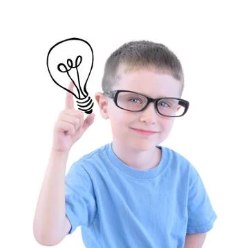 Smart school boy with light bulb Stock Photos