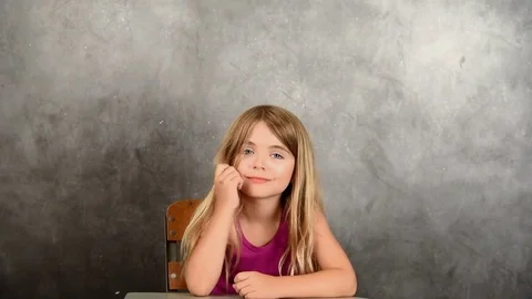 Smart School Student Looking Up on Chalkboard Background Video stock 79069753