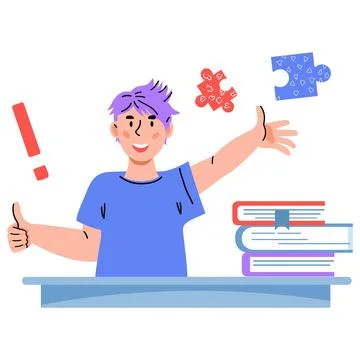 Smart schoolboy learns by having solution or knowing answer to question, flat Stock Illustration