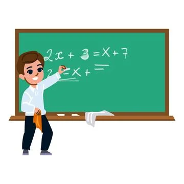 Smart schoolboy solving math equation on chalkboard in classroom Stock Illustration