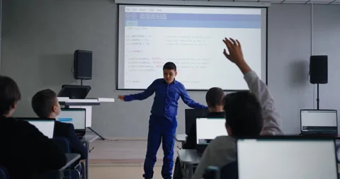 Smart Schoolboy Speaking In Front Classmates In Classroom, Presenting Program Stock Footage 280176909