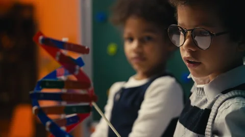 Smart schoolboy using pointer to explain DNA structure to friend in classroom 動画素材 308001770