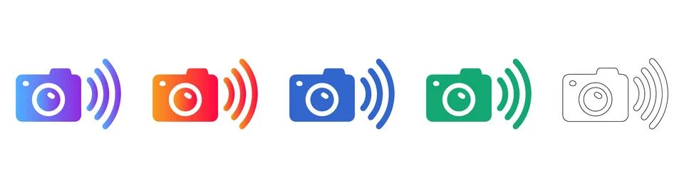 Smart Security Camera with Wireless Signal Icon Set Stock Illustration