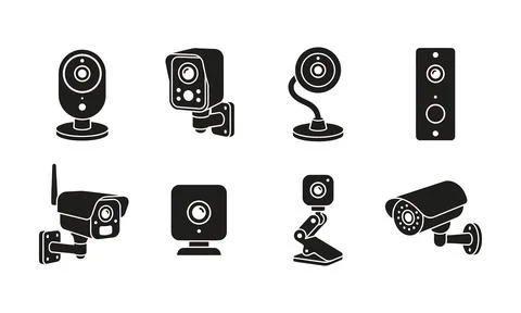 Smart security cameras and indoor monitoring devices in silhouette Stock Illustration