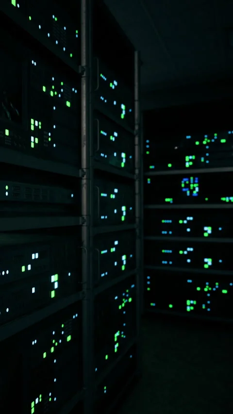 Smart servers illuminate data center during busy work hours in evening time Stock Footage 334262952