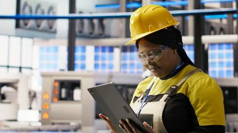 Smart solar panels factory engineer using tablet to oversee production lines Stock Photos