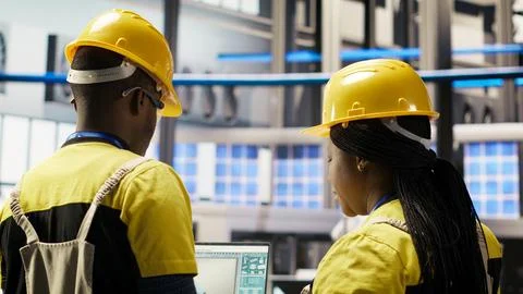 Smart solar panels factory engineering team using laptop Stock Photos