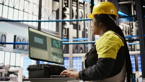 Smart solar panels factory worker typing on PC, testing automated systems Stock Footage 308721700