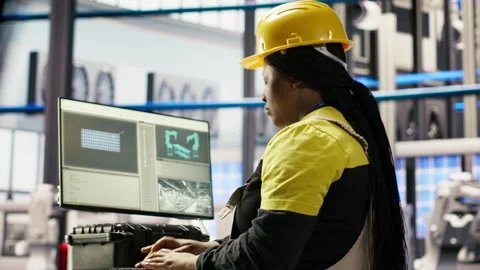 Smart solar panels factory worker typing on PC, testing automated systems Stock Footage 308723483