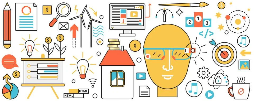Smart solution and technology, human head with VR glasses, education and digital Stock Illustration
