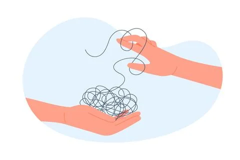 Smart solution for complicated puzzle of mess and chaos, two hands holding knot Stock Illustration