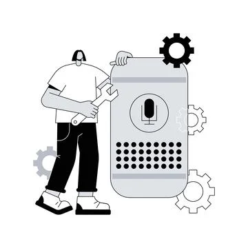 Smart speaker apps development abstract concept vector illustration. Illustrazione stock