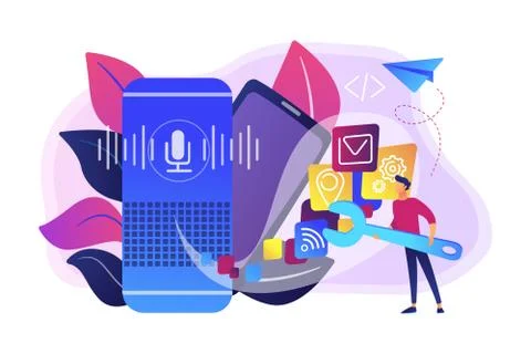 Smart speaker apps development concept vector illustration. Stock Illustration