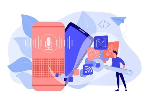 Smart speaker apps development concept vector illustration. Stock Illustration