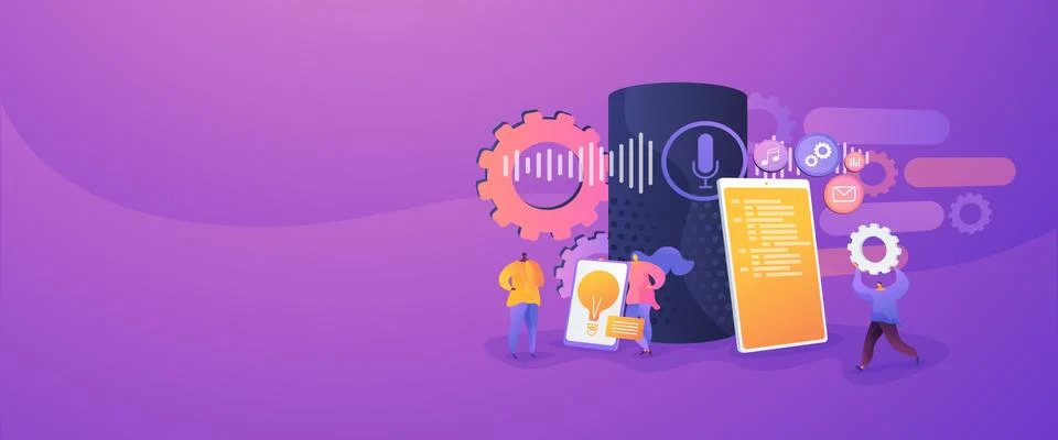 Smart speaker apps development web banner concept. Stock Illustration