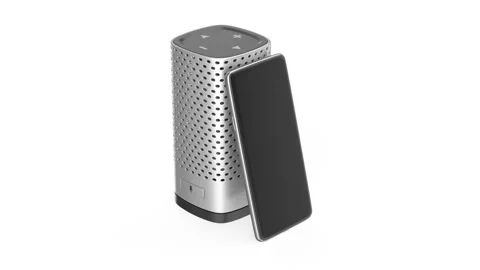 Smart speaker with built-in virtual assistant and smartphone Stock Footage 311122064
