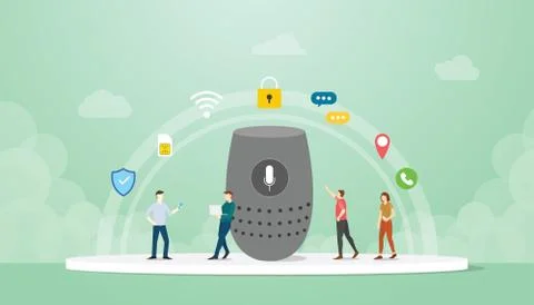 Smart speaker concept with people use smartphone and gadget with modern flat  Stock Illustration