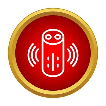 Smart speaker icon emitting sound waves in red button Stock Illustration