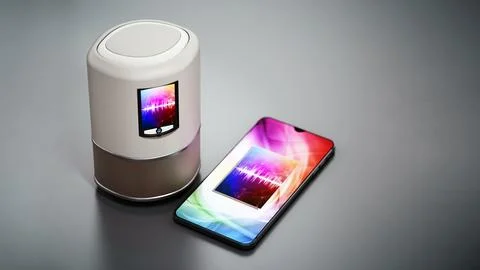 Smart speaker with LCD screen and smartphone playing music. 3D illustration Stock Illustration