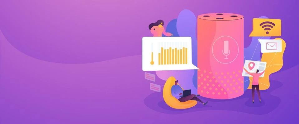 Smart speaker office controller web banner concept. Illustrazione stock