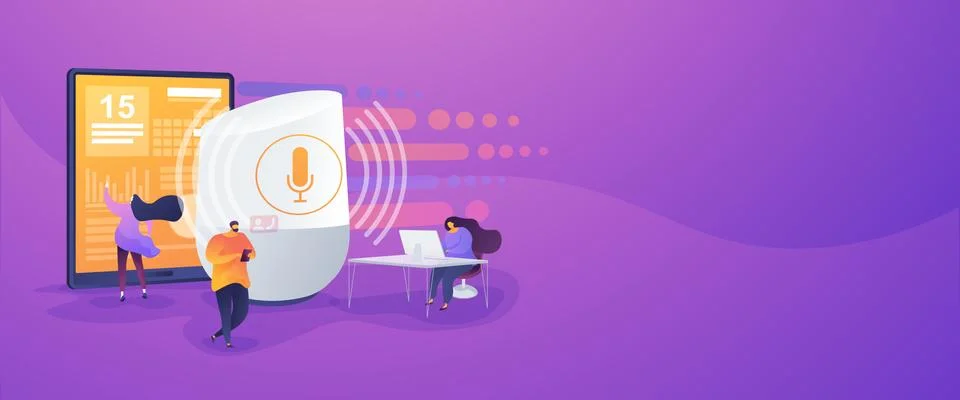 Smart speaker office controller web banner concept. Illustrazione stock
