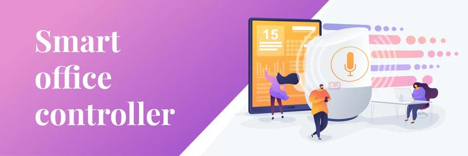 Smart speaker office controller web banner concept. Illustrazione stock