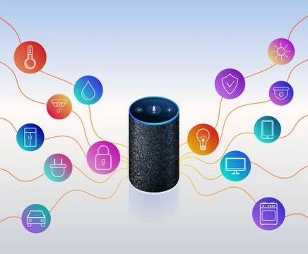 Smart speaker for smart home control. Colorful icons. Voice control gadget Stock Illustration