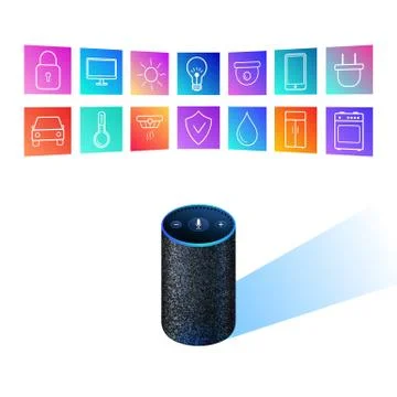 Smart speaker for smart home control. Colorful icons. Voice activated assistant Stock Illustration