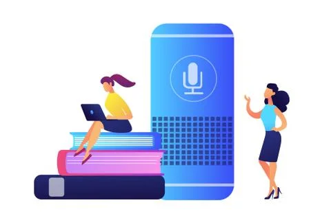 Smart speaker, student with laptop sitting on books and teacher vector Stock Illustration