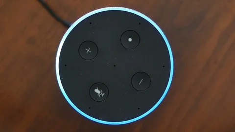Smart speaker top view artificial intelligence assistant voice control blue r Stock Footage 100547211