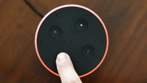 Smart speaker top view artificial intelligence assistant switch on off microp Stock Footage 100547254