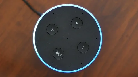 Smart speaker top view artificial intelligence assistant voice control blue r Stock-Footage 100547257