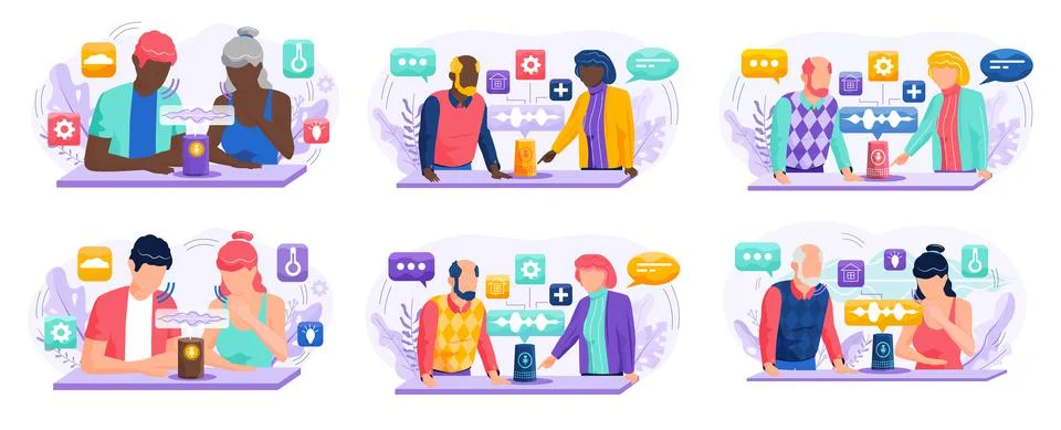 Smart speaker with virtual assistant concept illustrations set of people sitting Stock Illustration