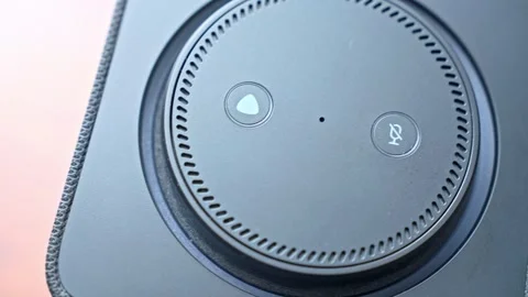 Smart speaker virtual assistant listening to voice commands Stock Footage 334943186