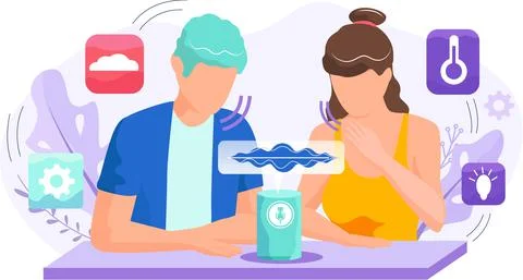 Smart speaker with virtual voice assistant concept people sitting near speaker Illustrazione stock