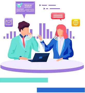 Smart speaker with virtual voice assistant concept people sitting with laptop Illustrazione stock