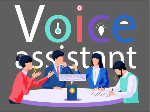 Smart speaker with virtual voice assistant, people sitting near speaker device Stock Illustration