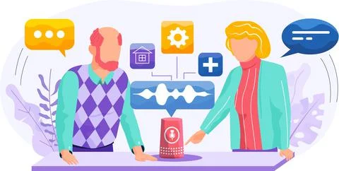 Smart speaker with virtual voice assistant concept people sitting near speaker Illustrazione stock