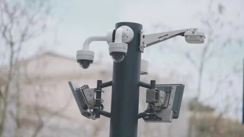 Smart street lighting and security camera system installed on a pole in an .. Stock Footage 337524783