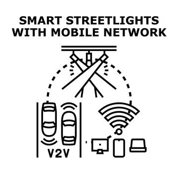 Smart streetlights enabling connected mobile network and v2v communication Stock Illustration